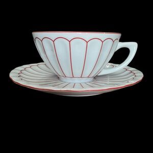 Harbor East Red and White Tea Cup and Saucer Fancy Set Spring Scallop Tea Party